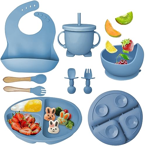 Image of Mrkyy Baby Feeding Set 8 Piece | Baby Led Weaning Utensils Set Includes Suction Bowl and Plate, Baby Spoon and Fork, Sippy Cup with Straw and Lid | Baby Feeding Supplies -Navy Blue