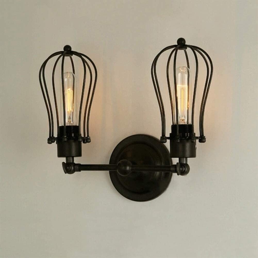 ASerZenith Wall Lamp Industrial Metal Cage Wall Sconce Wall Light Lamp Black Adjustable Finished Copper Head,Double Head