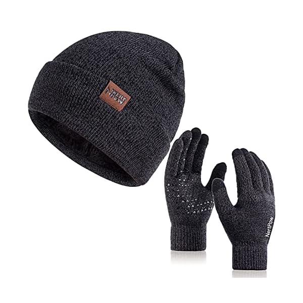 Winter 1-3 PCS Beanie Hat Gloves Scarf For Men And Women, Knit Thick Fleece Lined Warm Touchscreen Gloves Beanie Infitiny Scarf Set (Gloves&Beanie Black Dark Gray)