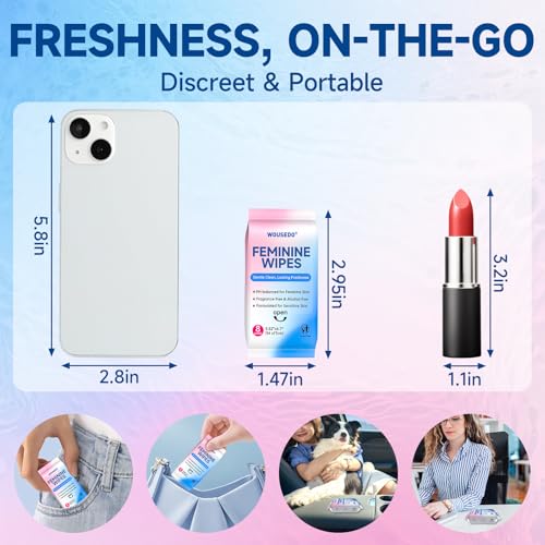 Image of Feminine Wipes for Women, Impossibly Compact Travel Mini Packs, pH Balanced Unscented Hypoallergenic Alcohol-Free, Period Friendly Private Care for Teens & Women - 8 Pack Total 64 Wipes