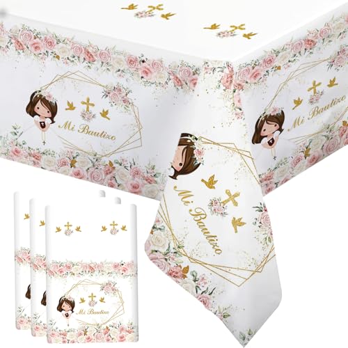 Image of MEHOFOND 3 Pack Mi Bautizo Tablecloths, 108 x 54 Inch Pink Flowers First Holy Communion Tablecloths,Girl Mi Primera Comunion Party Decorations, God Bless Party Table Cover Decor
