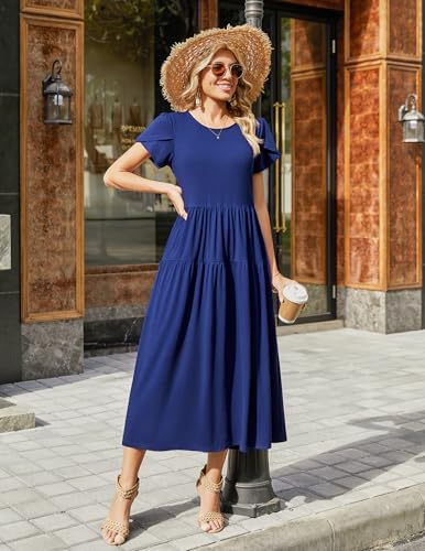 Image of Zeagoo Summer Dresses for Women 2026 Maxi Bohemian Floral Short Sleeve Long Dress Casual Flowy Tired Beach Sundress