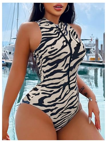 Floerns Women's Zebra Print Sleeveless One Piece Rash Guard High Neck Zipper Surfing Swimsuit3