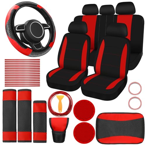 Estune 41 Pcs Black Red Car Accessories Set Automotive Seat Covers Steering Wheel Cover Seat Belt Pad Shift Sleeve Start Button Rings Armrest Cup Holders Vent Outlet Trim Scraper for Auto Interior