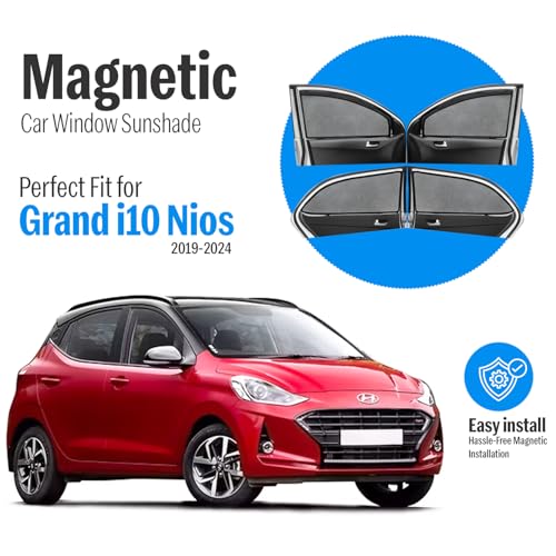 Image of Autofact Magnetic Car Sunshades Compatible with Hyundai Grand I10 Nios (2019 to 2024) (Set of 4) - Easy Installation, UV Protection, Keeps Car Cool (Front 2 with Zippers, Rear 2 Without Zippers)