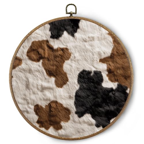 BitKAM Cow Print Round Wall Art Decor, Retro Cowhide Canvas Prints Framed, Farmhouse Western Cow Farm Animal Wall Hanging Decorations for Home Bedroom Living Room, 10x10 Inch Wall Sculptures