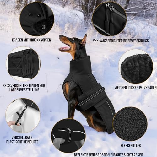OneTigris Hundemantel, STORMWALL Wasserdicht Hundejacke mit Verstellbarer Rückenlänge Fleecefutter Reflektierend und Fellkragen für Wanderungen Outdoor für Mittelere & Große Hunde Schwarz M