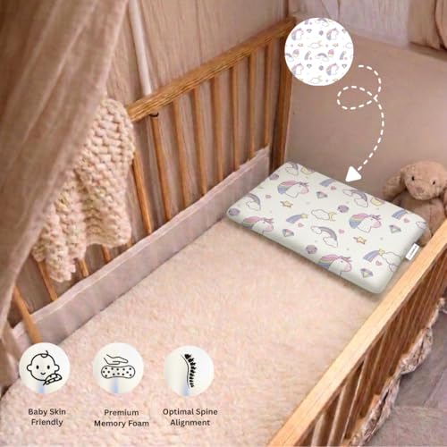 Image of Premium Memory Foam Toddler Thin Pillow with Washable Removable Cover | Head, Neck & Back Support | Ideal for Sleeping, Reading & Resting | Age 2 to 9 Year | 18.5x12.5x2.5in | Unicorn Print