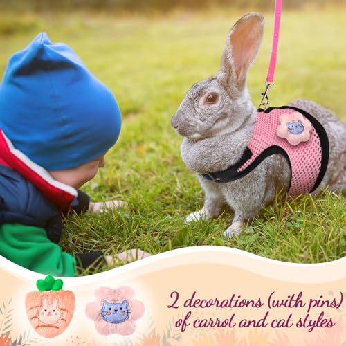Image of Easter Bunny Costume Rabbit Harness and Leash Set with 2 Cute Decorations Bunny Clothes Adjustable Buckle Breathable Mesh Vest Harness for Rabbits Ferret Small Pig Puppy(Pink,Cute Pattern)