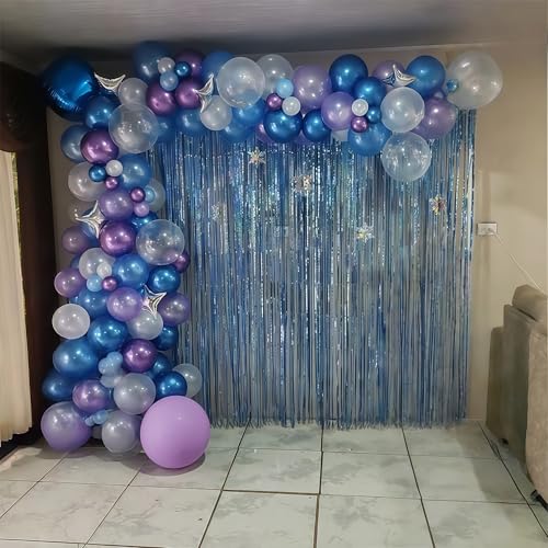 Image of Winter Snowflake Balloons, 60 Packs 12 Inch Metallic Purple Blue White Silver Balloon with Confetti Balloon for Birthday Party Baby Shower Christmas Winter Wonderland Party Decoration