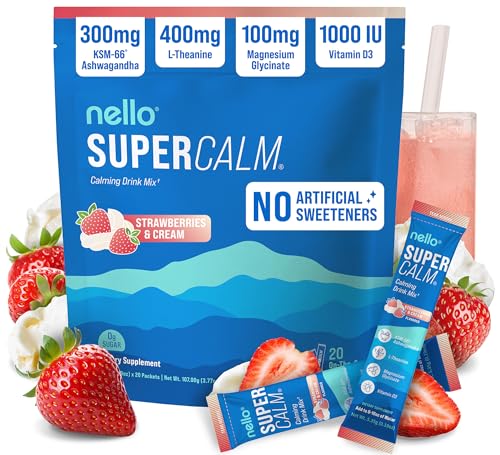 Nello Supercalm Powdered Drink Mix, Cortisol Reducer*, Sleep Aid Supplement, L Theanine, Ksm-66 Ashwagandha, Magnesium Glycinate, Vitamin D 3, No Sugar, Non GMO, 20 Ct, Strawberries & Cream