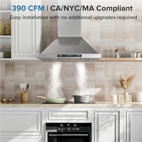 Image of IKTCH 36 inch Wall Mount Range Hood, 390 CFM Low Noise Kitchen Vent Hood, Ducted /Ductless Convertible, Kitchen Chimney Vent Stainless Steel with Gesture Sensing & Touch Control Switch Panel