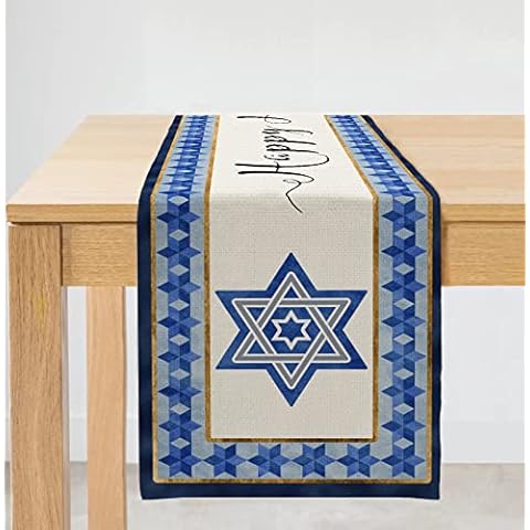 ARKENY Happy Hanukkah Blue Magen David Table Runner 13x72 Inches Long Indoor Outdoor Jewish Chanukah Holiday Theme Farmhouse Gathering Dinner Party Decor AT055 Cover