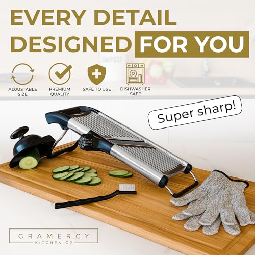 Image of Pronto Kitchen Adjustable Stainless Steel Mandoline Food Slicer - Comes with One Pair FREE Cut-Resistant Gloves || Vegetable Onion Potato Chip French Fry Julienne Slicer | Slice from Paper-Thin to Thick-Cut with Stainless Steel Frame and Rotating Blade, Non-Slip Base, Gloves and Guard Included