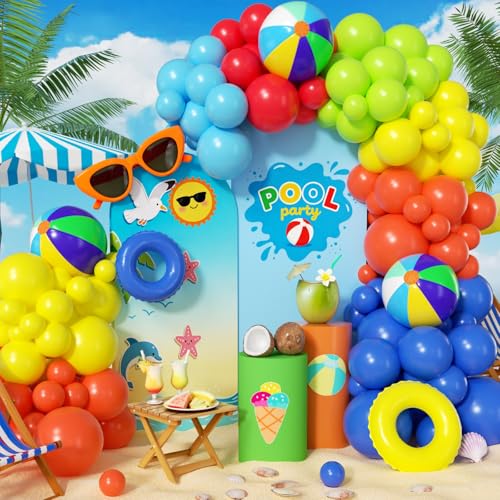 PTGOLUO Pool Beach Party Decorations 160Pcs Hawaiian Tropical Pool Balloon Garland Arch Kit with Beach Ball for Hawaiian Birthday Summer Luau Outdoor Pool Party Baby Shower Gender Reveal Party Decor
