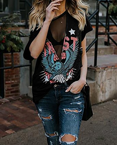Karlywindow Womens Short Sleeve Graphic Tees Distressed Hawk Print Mesh V Neck Loose Sexy T-Shirt Tops2