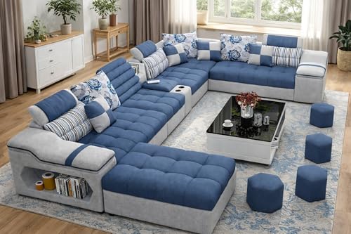 Image of Avion COMFORA U Shape 12 Seater Sofa Set for Living Room | Interchangeable U-Shaped Sectional Sofa Set with Cup Holder with 4 Puffy for Living Room & Office