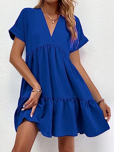 Image of WDIRARA Women's Roll Up Short Sleeve V Neck Ruffle Hem Solid Swing Smock Dress