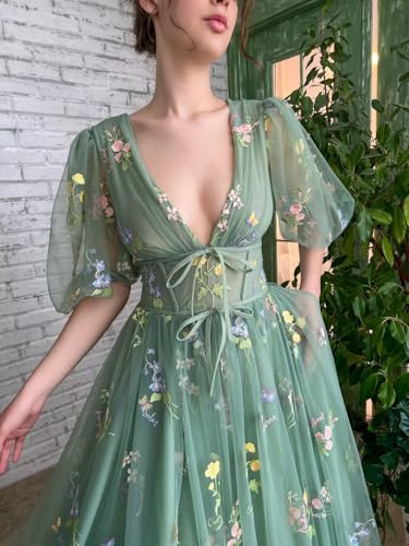 UZN Puffy Sleeves Prom Dresses for Women 2023 Long Tulle Flower Embroidery V Neck Formal Evening Party Gowns4
