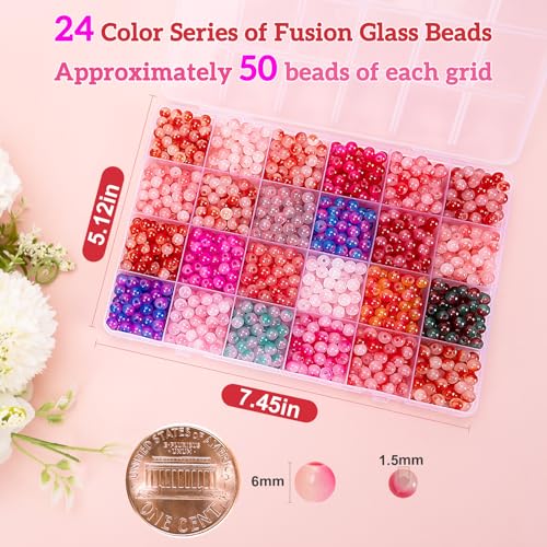 Image of XSEINO About 1200+ pcs 6mm Glass Beads Bracelet Making Kit, 24 Assorted Red Bi-Color Fusion Series Crystal Beads for Jewelry Making, DIY Crafts, Friendship Bracelets