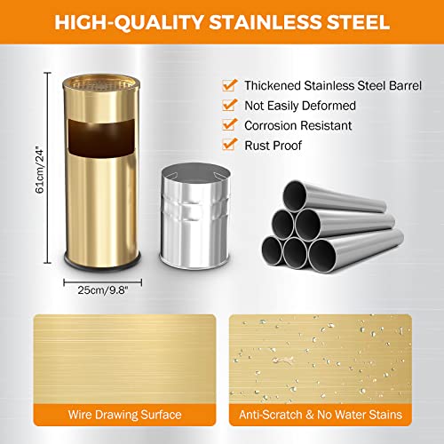 Image of BEAMNOVA Trash Can with Lid Outdoor Indoor Stainless Steel Commercial Garbage Bin Waste Container for Patio Yard Garage with Inside Barrel, Gold, 9.8 in x 24 in (D * H)
