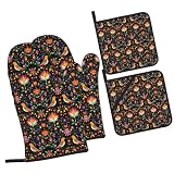 Juego de 4 manoplas de horno y soportes para ollas, almohadillas calientes clásicas con estampado de flores para cocina, guantes de horno impermeables antideslizantes resistentes al calor para hornear