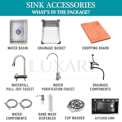 Image of LUXART Waterfall Anti-Scratch Silver Multifunctional Kitchen Sink - 30x18x9 Inch Honeycomb Design Multifunction Sink With Pull Down Faucet, Cup washer & Drain Baskets | Stainless Steel Kitchen Sink
