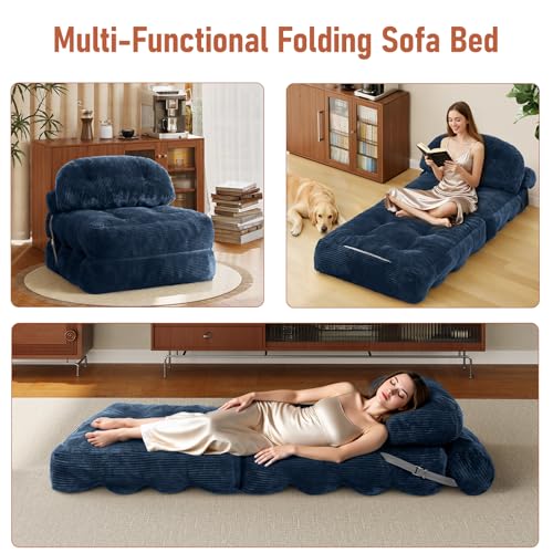 Image of Folding Sofa Bed, Convertible Sleeper Chair with Back Support and Pillow | Boneless Foldable Couch for Living Room /Guest Use /Home Office, Foldable Chair Bed for Adults, Navy