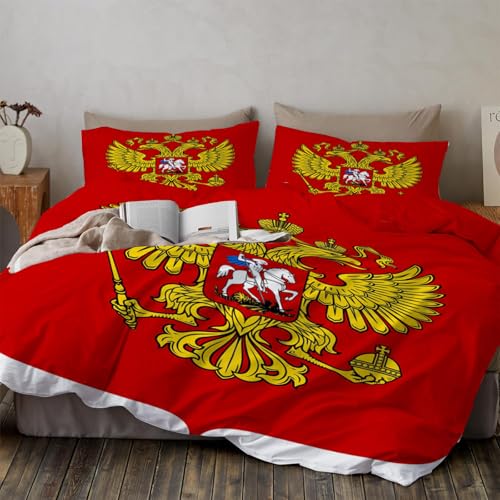 SMBHIAON Set Housse De Couette 260X240Cm, Forme d'aigle Bicéphale, Armoiries Russes Drapeau Microfibre Réversible Parure De Lit avec Taies d'oreiller 65X65...