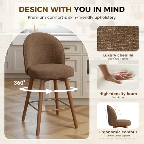 Image of Modern Swivel Bar Stools Set of 2, Chic Upholstered Counter Height(26IN) Bar Chair with Back, Solid Wood Legs and Footrest, Comfortable Chenille Bar Stool for Kitchen Island, Chestnut Brown
