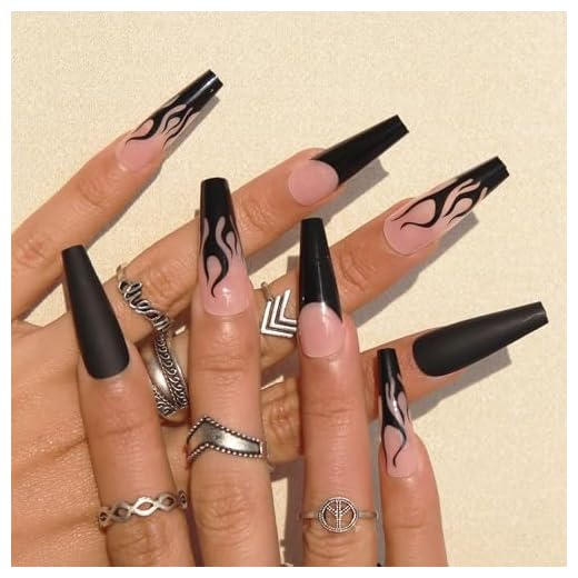 MISUD 30Pcs Long Coffin Press on Nails, Black Flame Fake Nails Matte False Nails Full Cover Glossy Acrylic Nails for Women and Girls