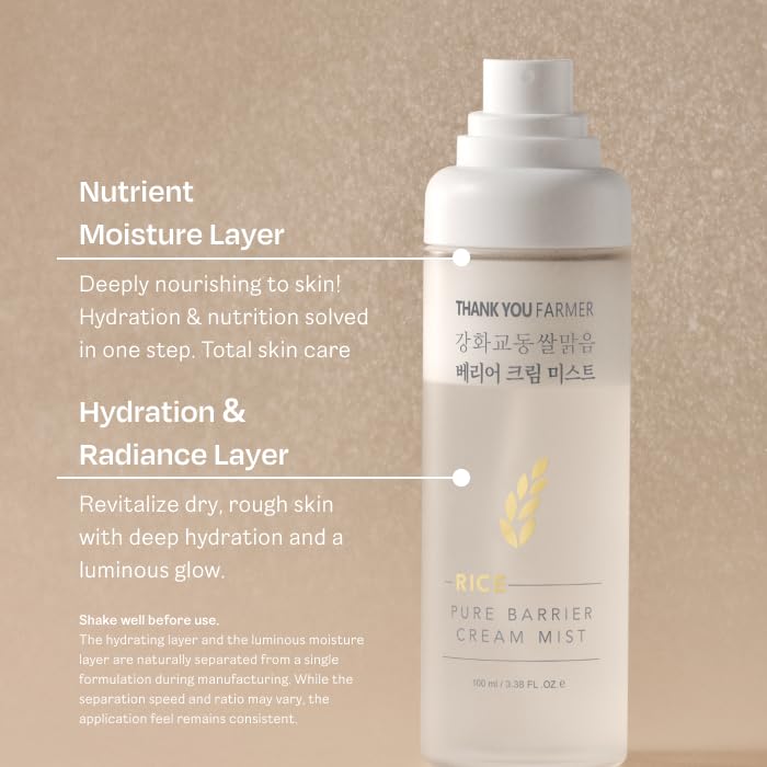 THANKYOU FARMER Rice Pure Barrier Cream Mist 3.38 Fl oz (100ml) - Korean Rice Extract Face Mist, Deep Hydration, Skin Barrier Smooth, Lightweight, Dual Layers for Radiance - Image 4
