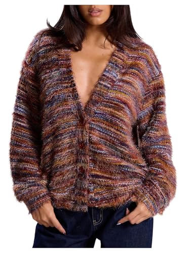 Image of COZYEASE Women's Oversized Striped Cardigan Sweaters Button Down Long Sleeve Drop Shoulder Knit Outerwear Coat