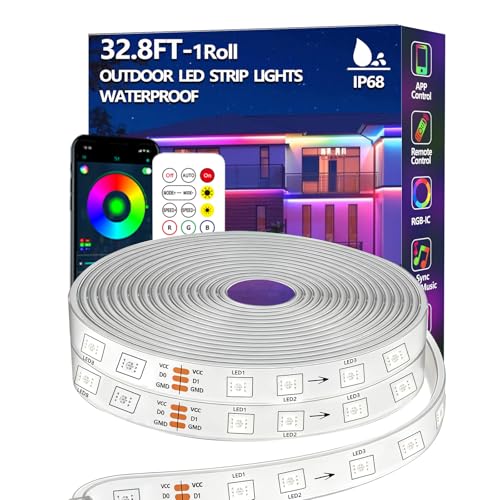 10m RGB+IC LED Streifen,Außenbereich IP68 Wasserdicht,Steuerung mit App/Fernbedienung,Bluetooth Musik Sync Seillicht für Balkone,errassen,Dächer,Gärten,Schwimmbäder