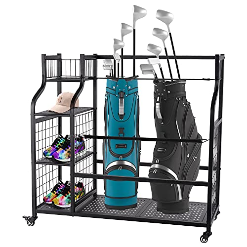 WAYTRIM Golf Storage Garage Organizer, Golf Bag Organizer, Golf Bag Rack Stand Extra Large Size Fit for 2 Golf Bags and Golf Accessories for Golf Clubs, Golf Links, Garage, Basement, Black