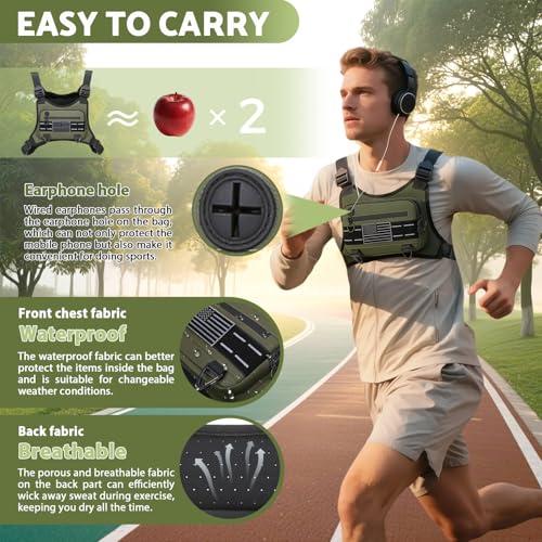 Image of Muserise Sports Chest Bag For Men Women, Water Resistant Lightweight Front Chest Pack, Running Vest Bag With Built-In Phone Holder & Extra Storage For Workouts, Running, Cycling (Olive)