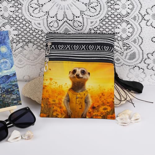 Meerkat Print Women Crossbody Bag Golden Floral Print Adjustable Shoulder Strap Messenger Bag for Adult Nature Lover Birthday Gift for Friend Sister Men3