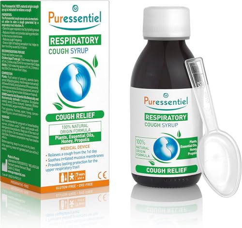 Puressentiel Respiratory Cough Syrup 125ml - Cough Relief for All Coughs + Cold & Flu - Chesty Cough, Mucus Cough - 100% Natural Origin Medical Device - Essential Oils & Honey - for Children Aged 12+