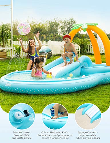 Sable Inflatable Play Center Wading Pool with Slide for Kids Children Garden Backyard 110\'\' x 71\'\' x 53\'\'