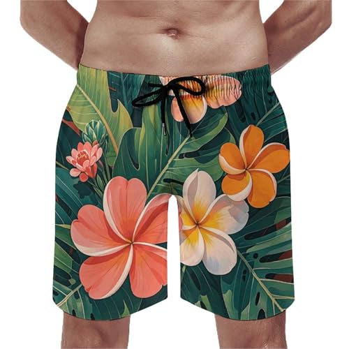 Mens Shorts Tropical Flowers and Foliage Men Swim Trunks Quick-Dry Beach Shorts with Drawstring Pocket Bathing Suit