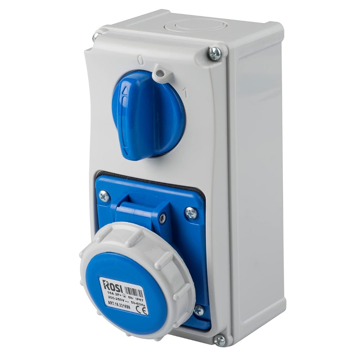 Presa interbloccata verticale con sezionatore interruttore, con fondo, 220V 230V, 3 poli 2P+T, 32A, IP67 - Rosi 19.3232B6