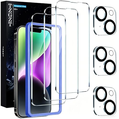 TZGZT 3 Pack Screen Protectors for iPhone 14 9H Tempered Glass Military Grade Shatterproof HD Clear Bubble Free Easy Installation Case Friendly with Camera Lens Protectors Included