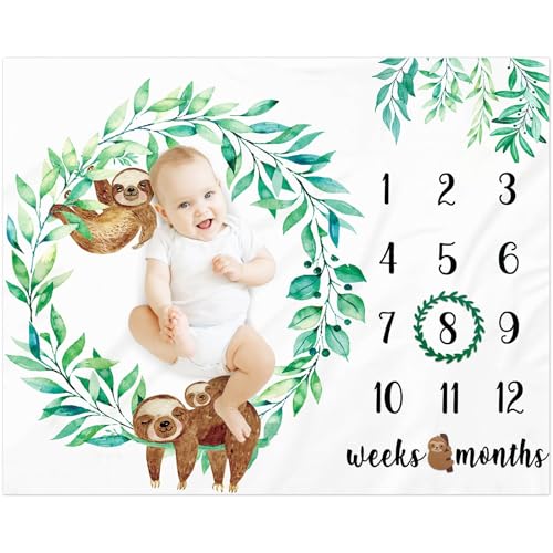 Image of Baby Sloth Monthly Milestone Blanket Gender Neutral Greenery Watercolor Jungle Design Perfect Baby Blanket for Boys and Girls Newborn Baby Gift Idea Photography Backdrop and Soft Fleece Blanket