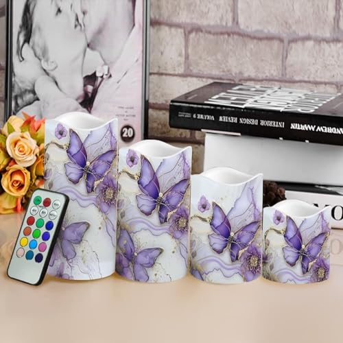 Image of Purple Butterfly LED Pillar Candles Bulk Set of 4 with Timer Remote Color Changing Electric Fake Candles for Home Decorations
