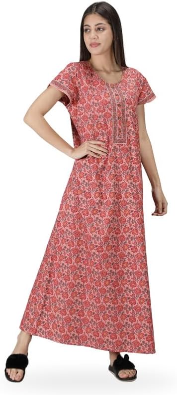 NIHSAMAHCore Style Cotton Night Gown for Women — Premium Printed Stylish Long Cotton Nighty | Comfortable & Fancy Sleepwear, Nightwear, Maxi