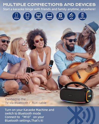 Image of Karaoke Machine,IPX5 Waterproof Portable Bluetooth 5.3 Speaker with 2 Wireless Microphones for Adults & Kids,60W PA System Supports TWS /TF Card /USB /AUX /Live for Home Party-Black