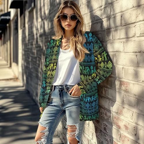 Image of Women's Aztec Open-Front Jacket Lightweight Casual Outerwear Native Western Aztec Pattern & Plaid Houndstooth Print