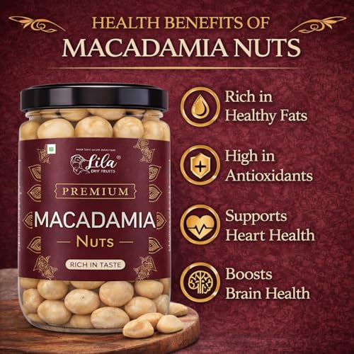 Image of LILA DRY FRUITS Premium Macadamia Nuts 500 g | Fresh, Buttery & Crunchy | Natural, Unroasted & Unsalted | Ideal for Snacking, Baking & Cooking | Dry Fruits Exotic Nuts Perfect for Gifting | Jar