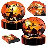 100 Pcs Halloween Oval Paper Plates and Napkins Set, 10' x 12' Large Disposable Plates for Halloween Party Supplies