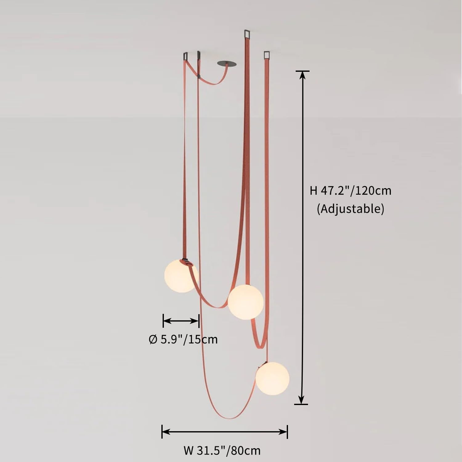 Nordic white glass spherical pendant light, high ceiling design, long pendant light, DIY spider shaped pendant light, leather chain, suitable for living room, dining room, stairs (brown, 3 lights)